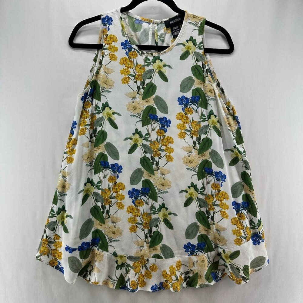 Karen Kane Ruffle Hem Tank Top Women M Round Neck Sleeveless Floral White Yellow